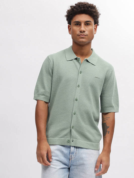 Gant Men Green Solid Spread Collar Short Sleeves Shirt