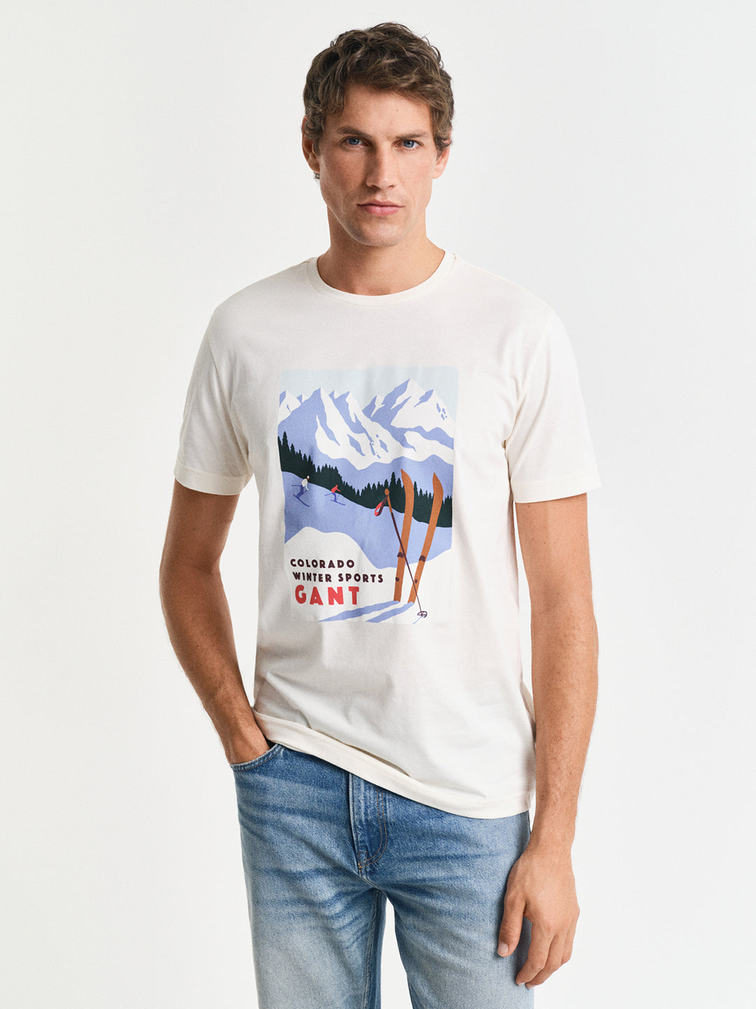 Gant Men Cream Printed Round Neck Short Sleeves Tshirt