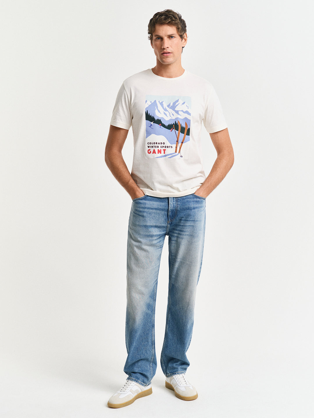 Gant Men Cream Printed Round Neck Short Sleeves Tshirt