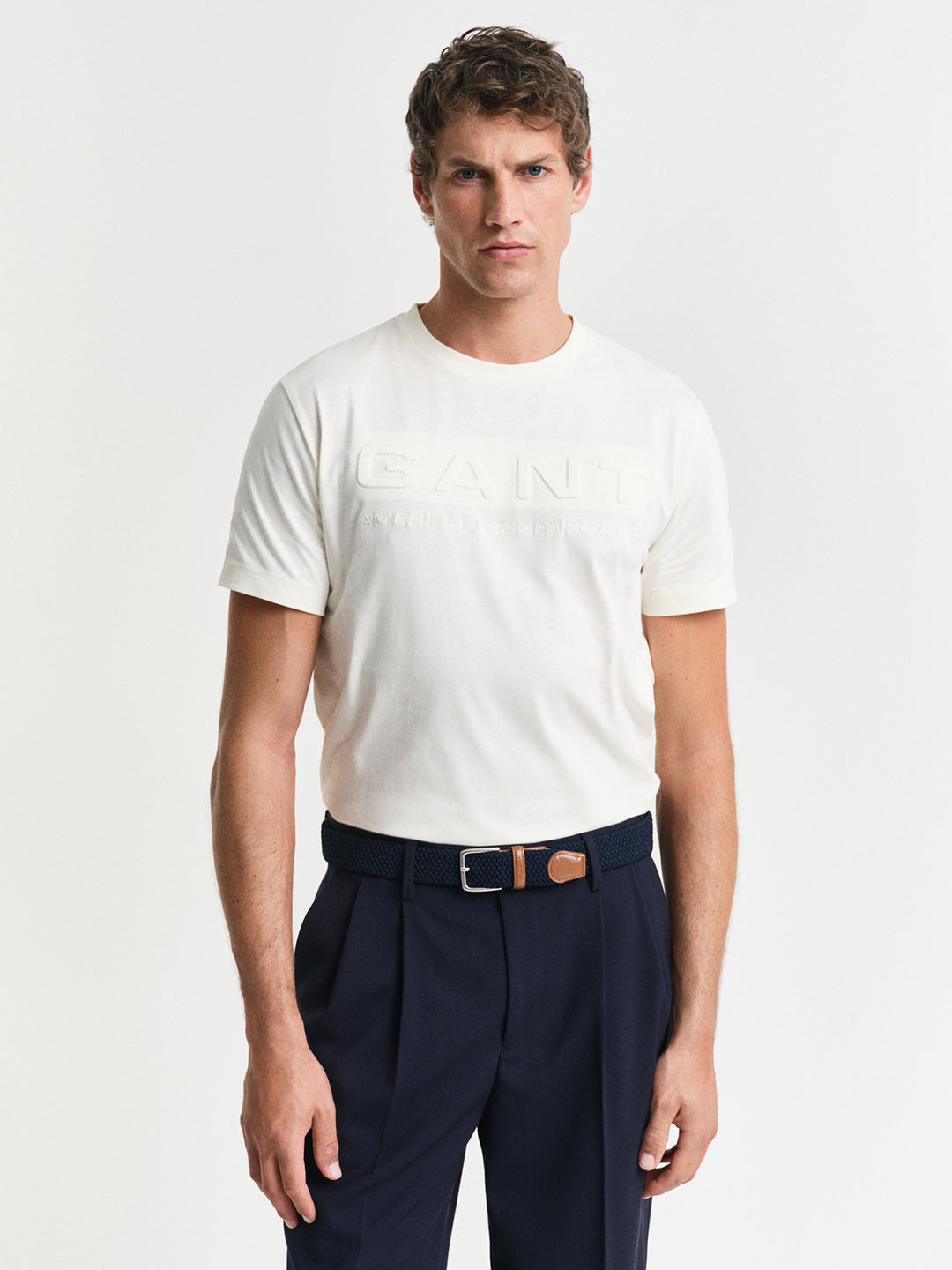 Gant Men Cream Self Design Round Neck Short Sleeves T-Shirt