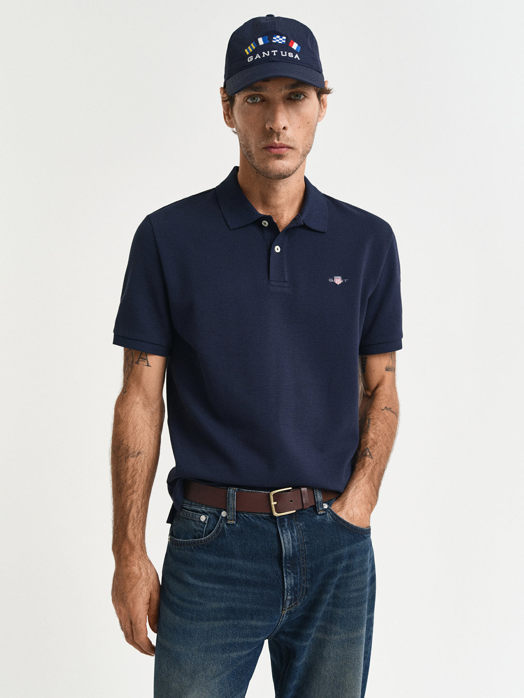 Gant Men Blue Solid Short Sleeves Polo Tshirt