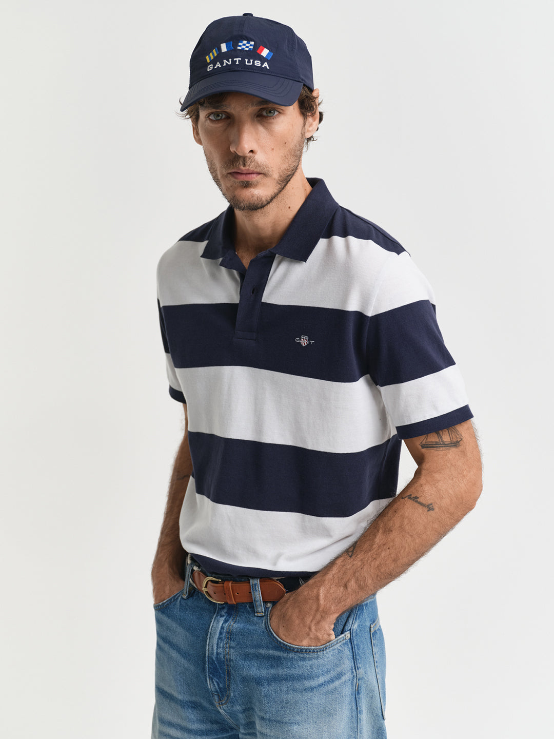 Gant Men Blue Striped Collared Short Sleeves Polo Tshirt