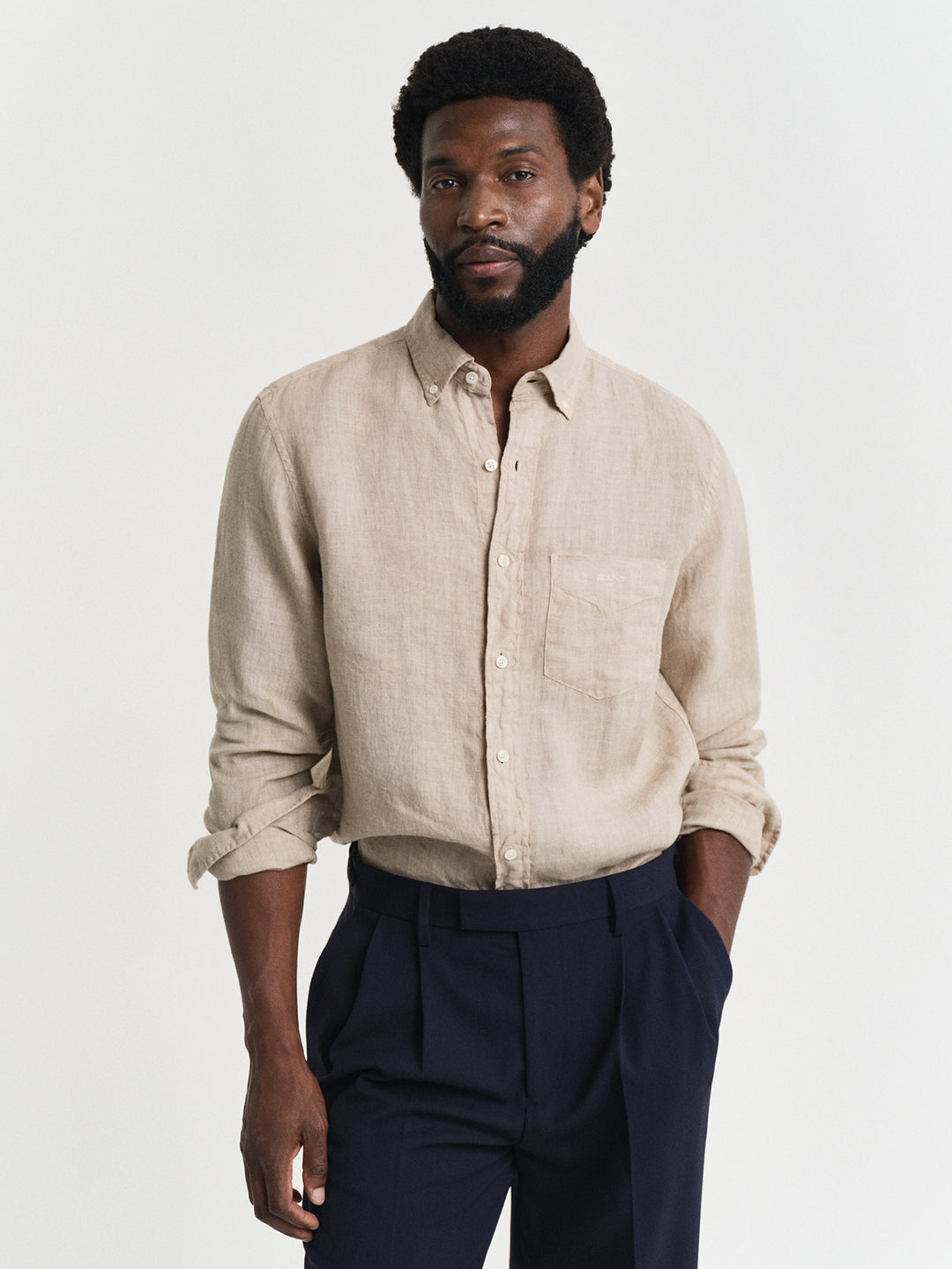 Gant Men Beige Regular Fit Solid Linen Shirt