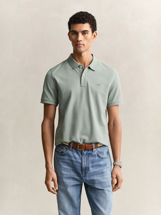Gant Men Grey Solid Regular Fit Shield Pique Polo T-Shirt