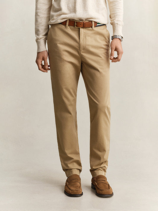Gant Men Khaki Solid Stretchable Slim Fit Trouser
