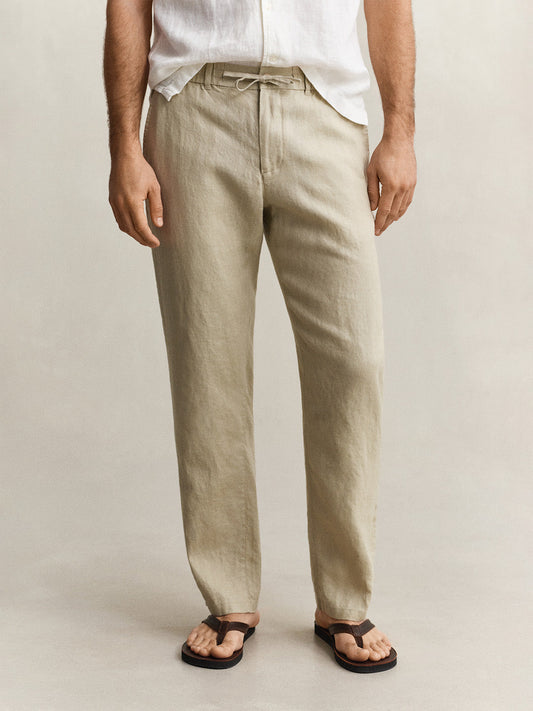 Gant Men Beige Solid Regular Fit Pure Linen Trouser