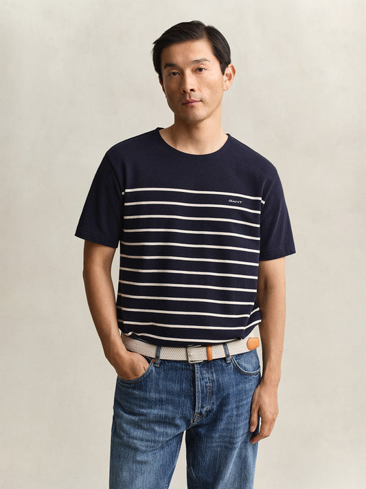 GANT Men Navy Blue Striped Pure Cotton T-Shirt