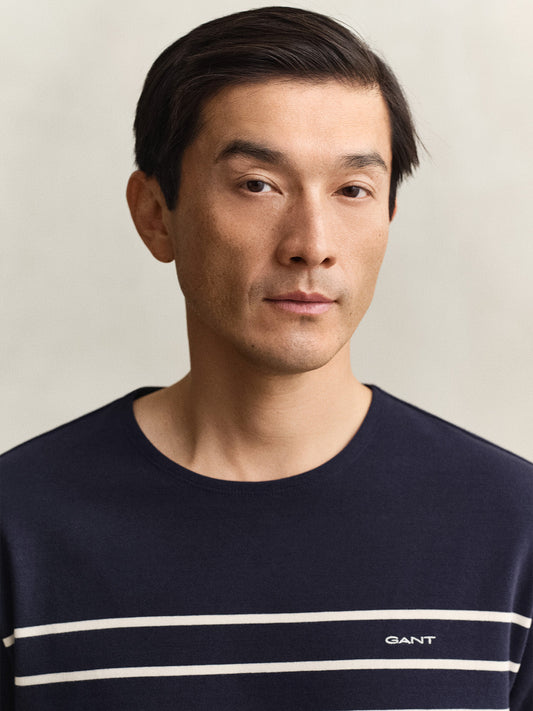 GANT Men Navy Blue Striped Pure Cotton T-Shirt