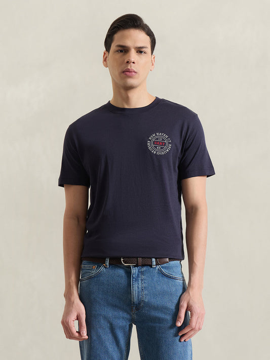 GANT Men Navy Blue Solid T-Shirt