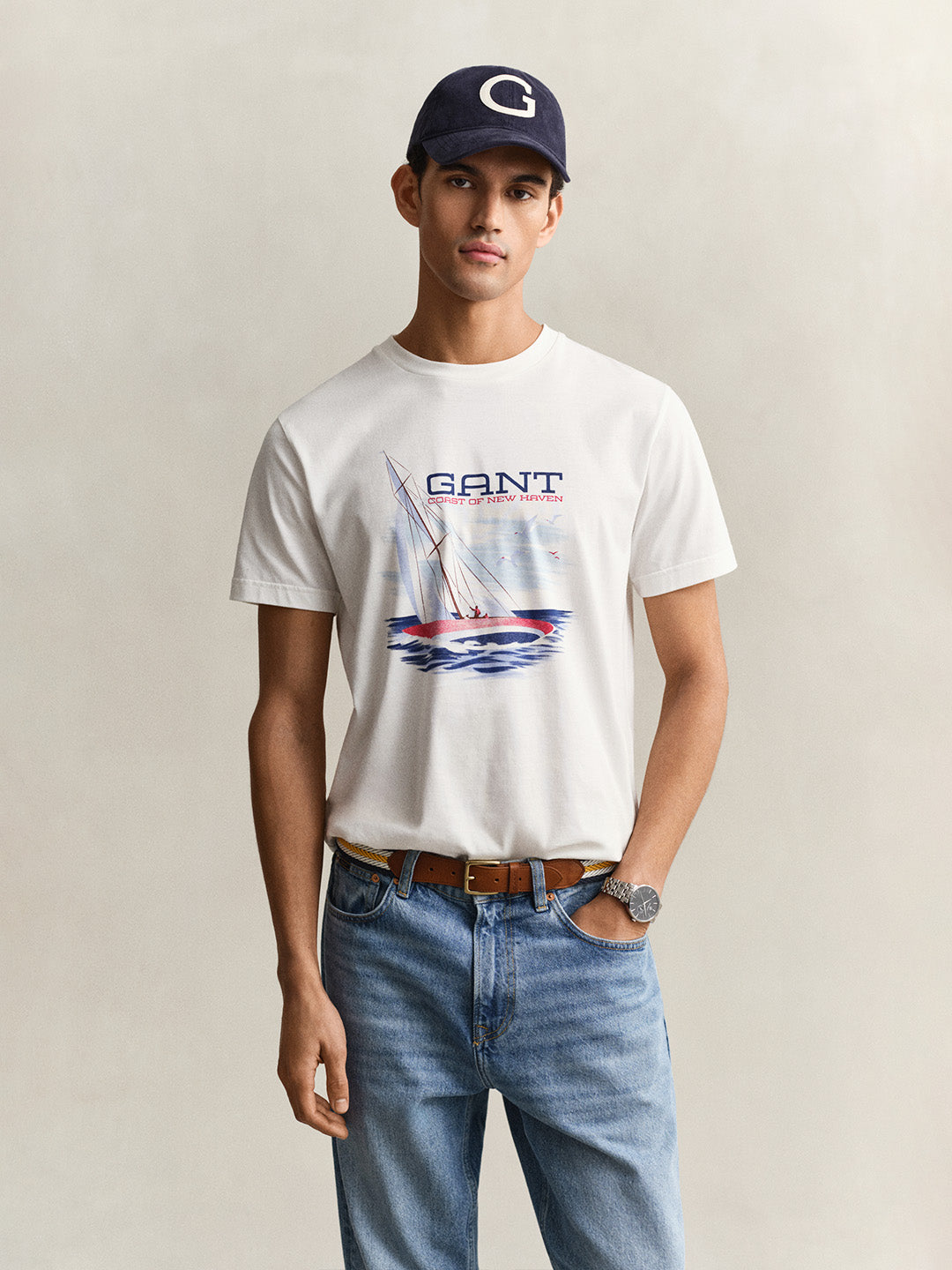 GANT Men Off White Graphic Print Pure Cotton T-Shirt