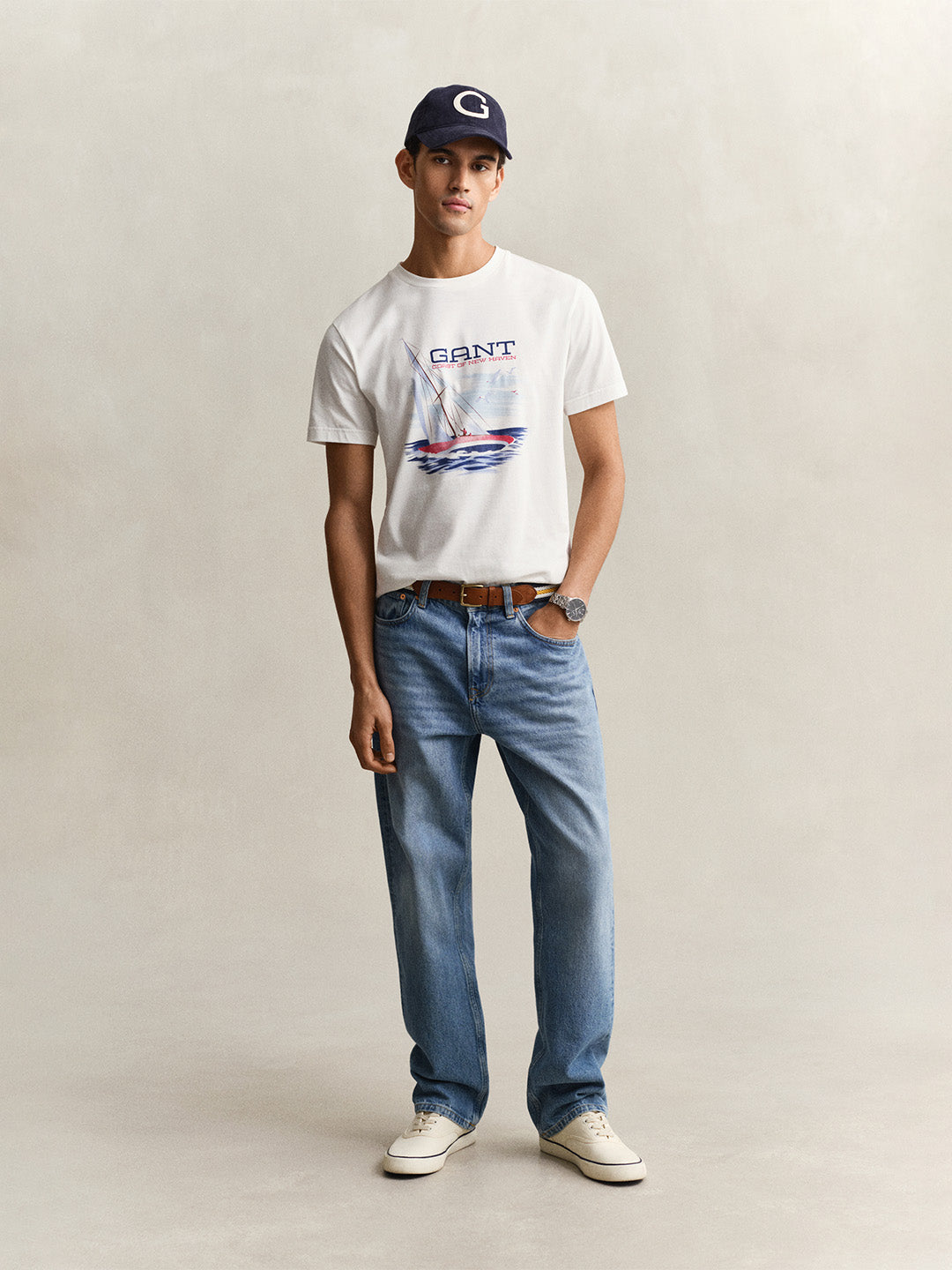GANT Men Off White Graphic Print Pure Cotton T-Shirt