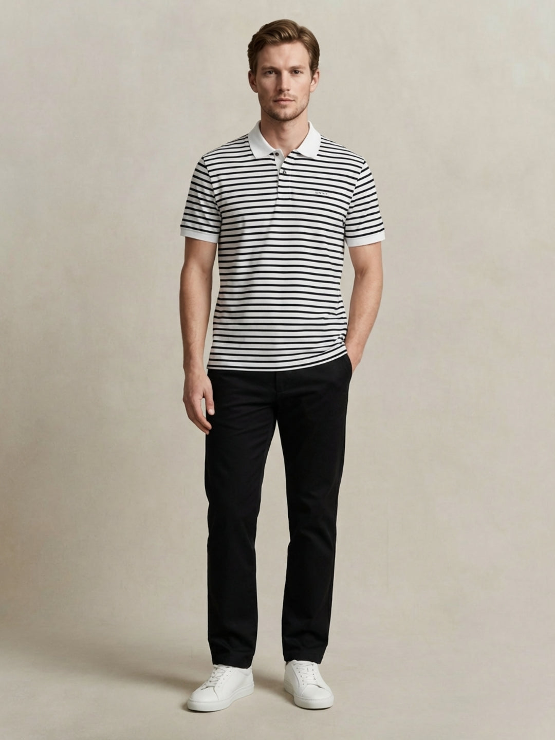 Gant Men Eggshell White Striped Regular Fit Pure Cotton Polo T-Shirt