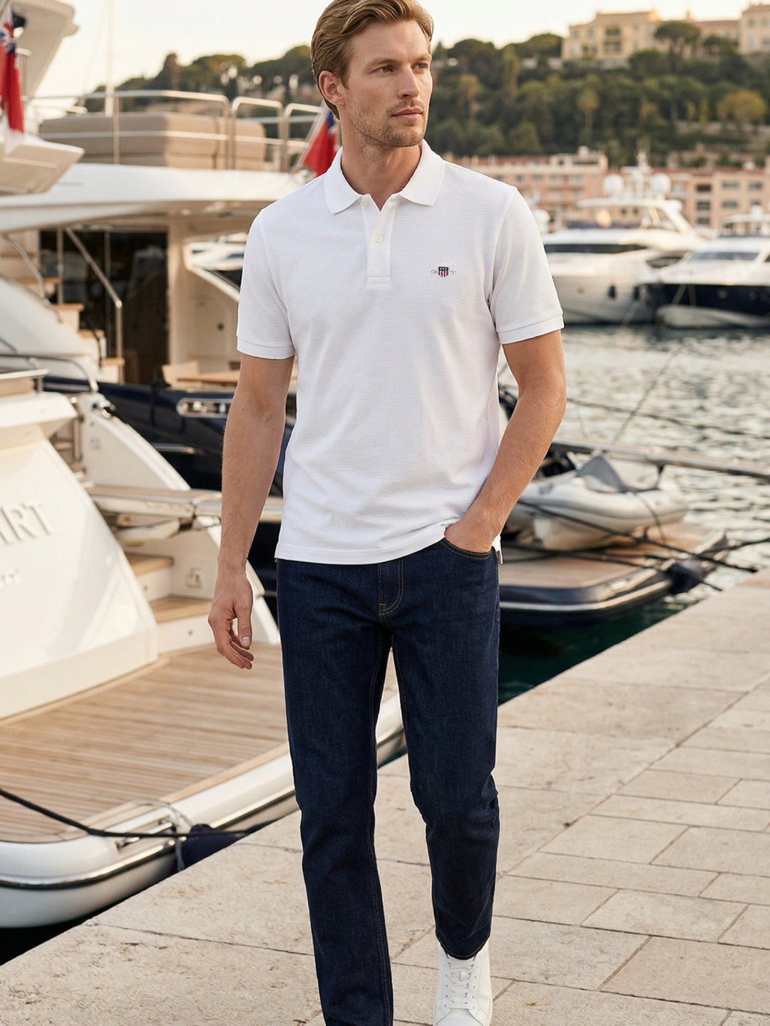 Gant Men Cotton White Solid Polo T-Shirt