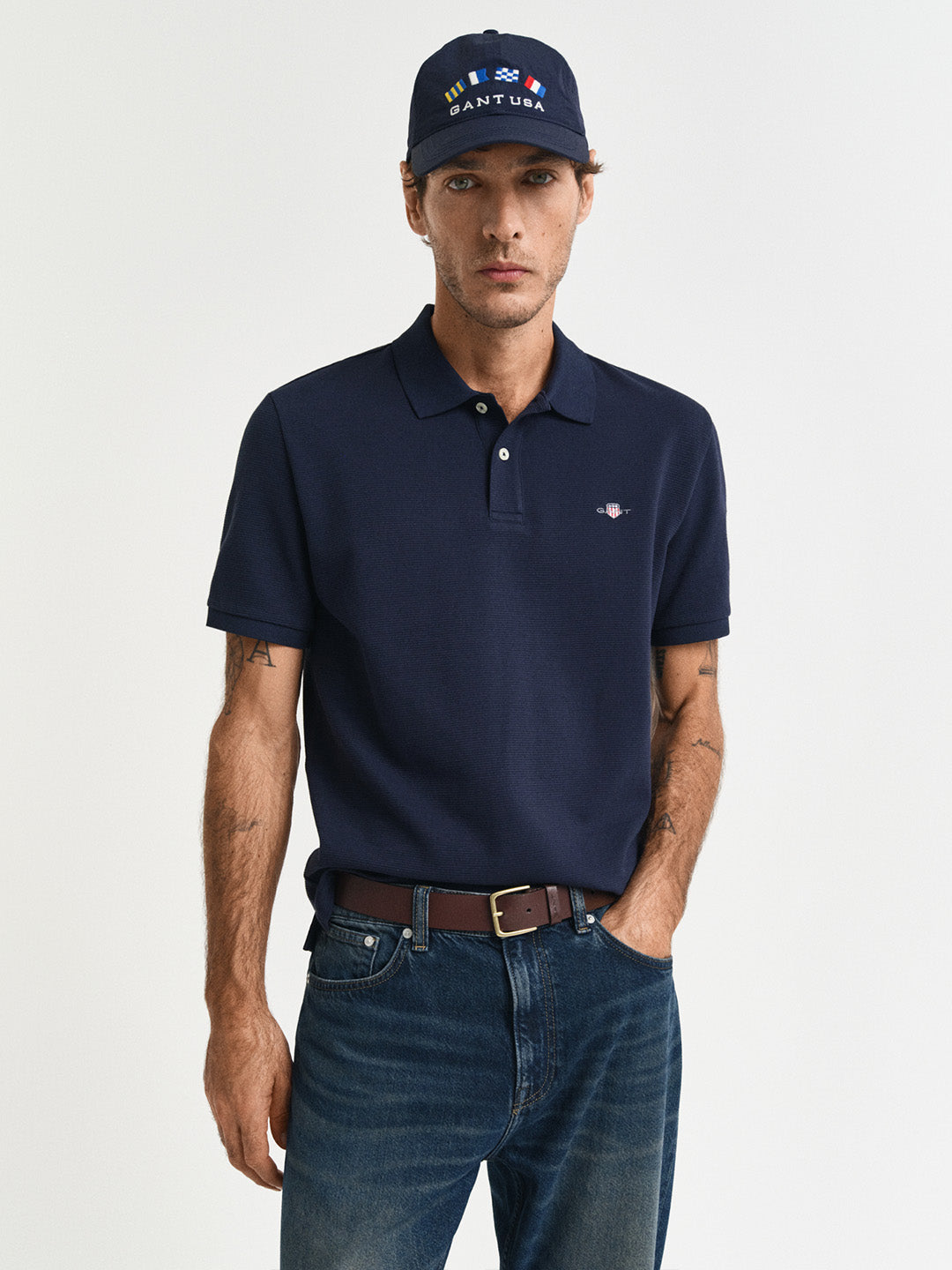 Gant Men Navy Blue Ottoman Cotton Polo T-Shirt