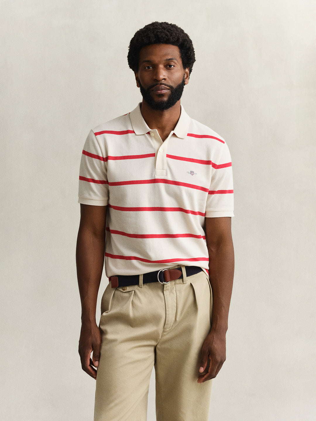 GANT Men Cream Striped Cotton Polo T-Shirt