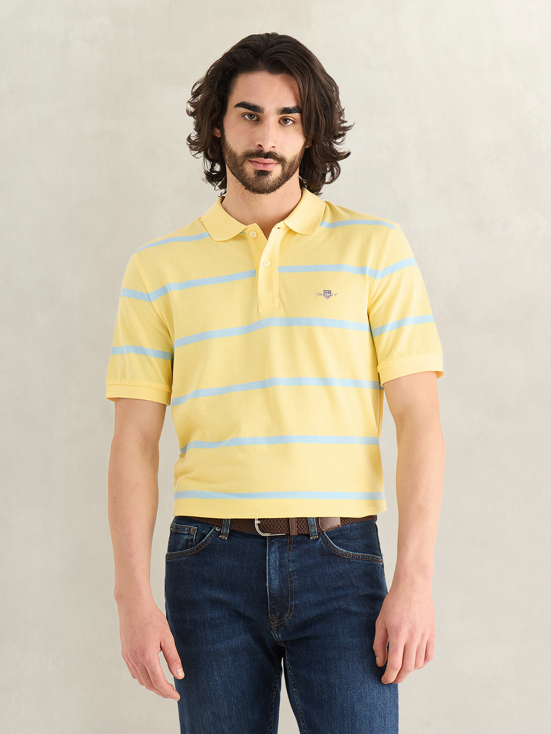 Gant Men Yellow Striped Regular Fit Polo T-Shirt