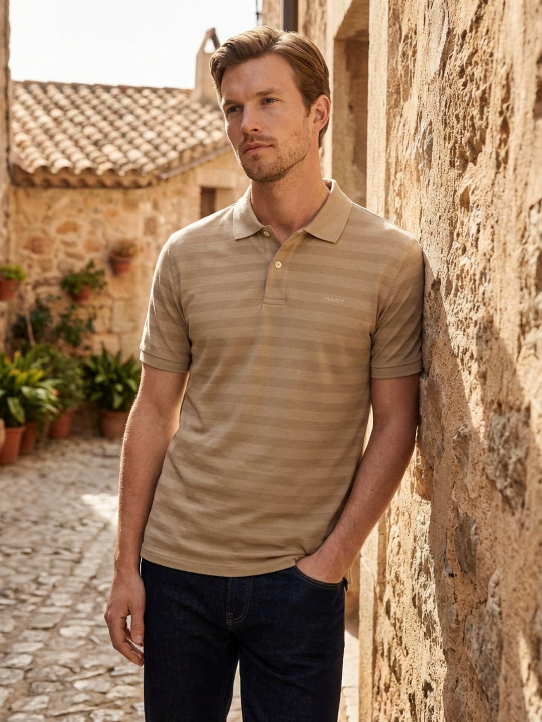 Gant Men Beige Cotton Striped Polo T-Shirt