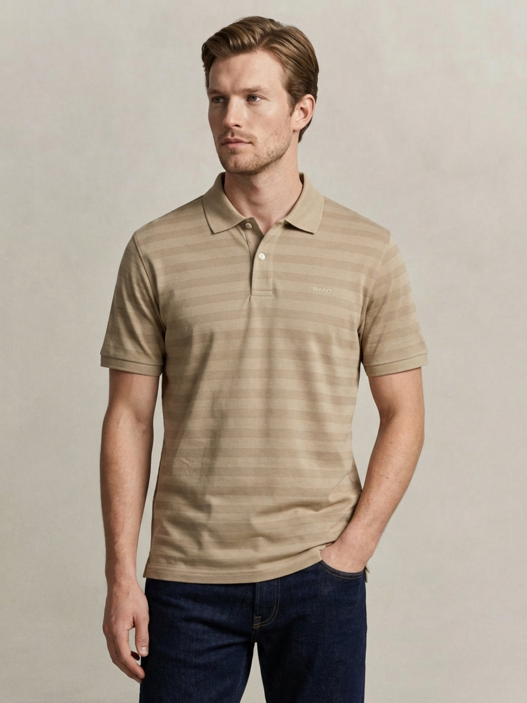 Gant Men Beige Cotton Striped Polo T-Shirt