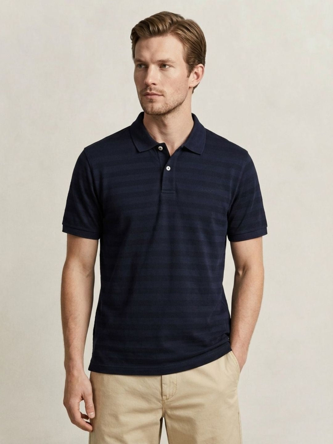 Gant Men Navy Blue Striped Regular Fit Pure Cotton Polo T-Shirt