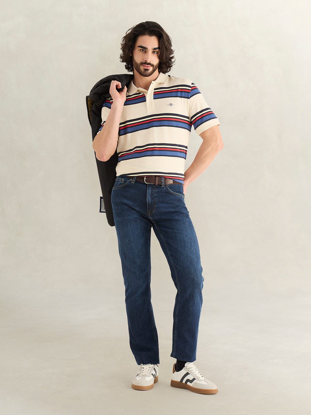 Gant Men Cream Striped Regular Fit Polo T-Shirt