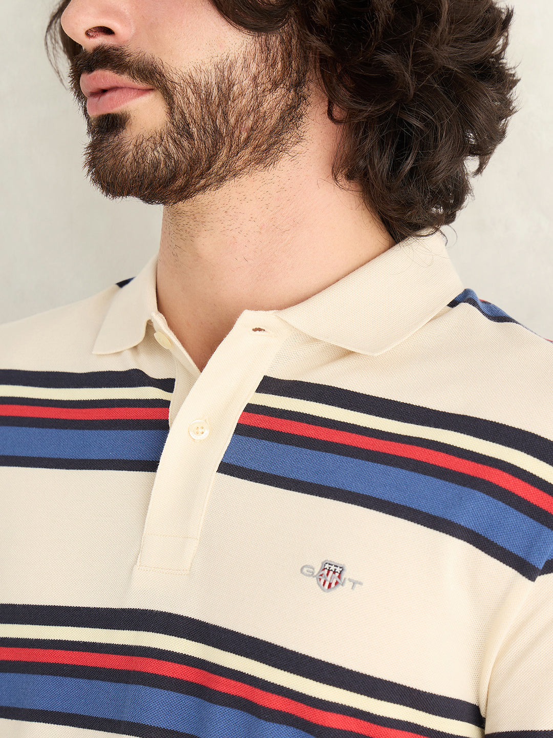 Gant Men Cream Striped Regular Fit Polo T-Shirt
