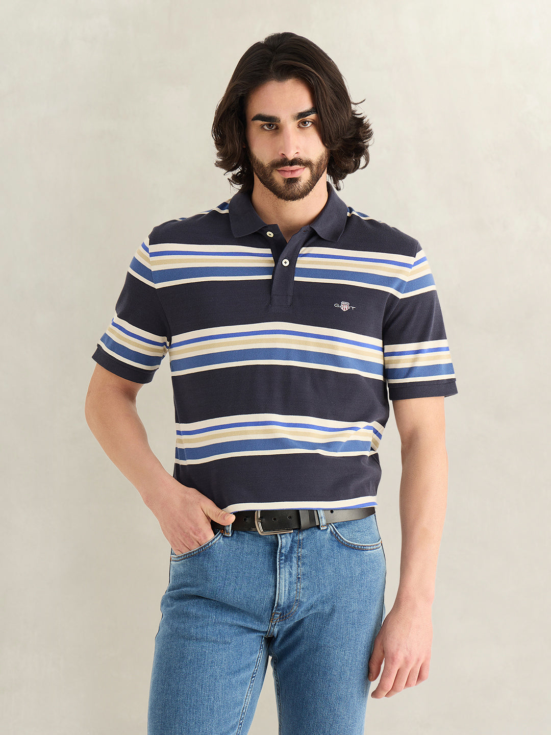 Gant Men Navy Blue Striped Regular Fit Polo T-Shirt