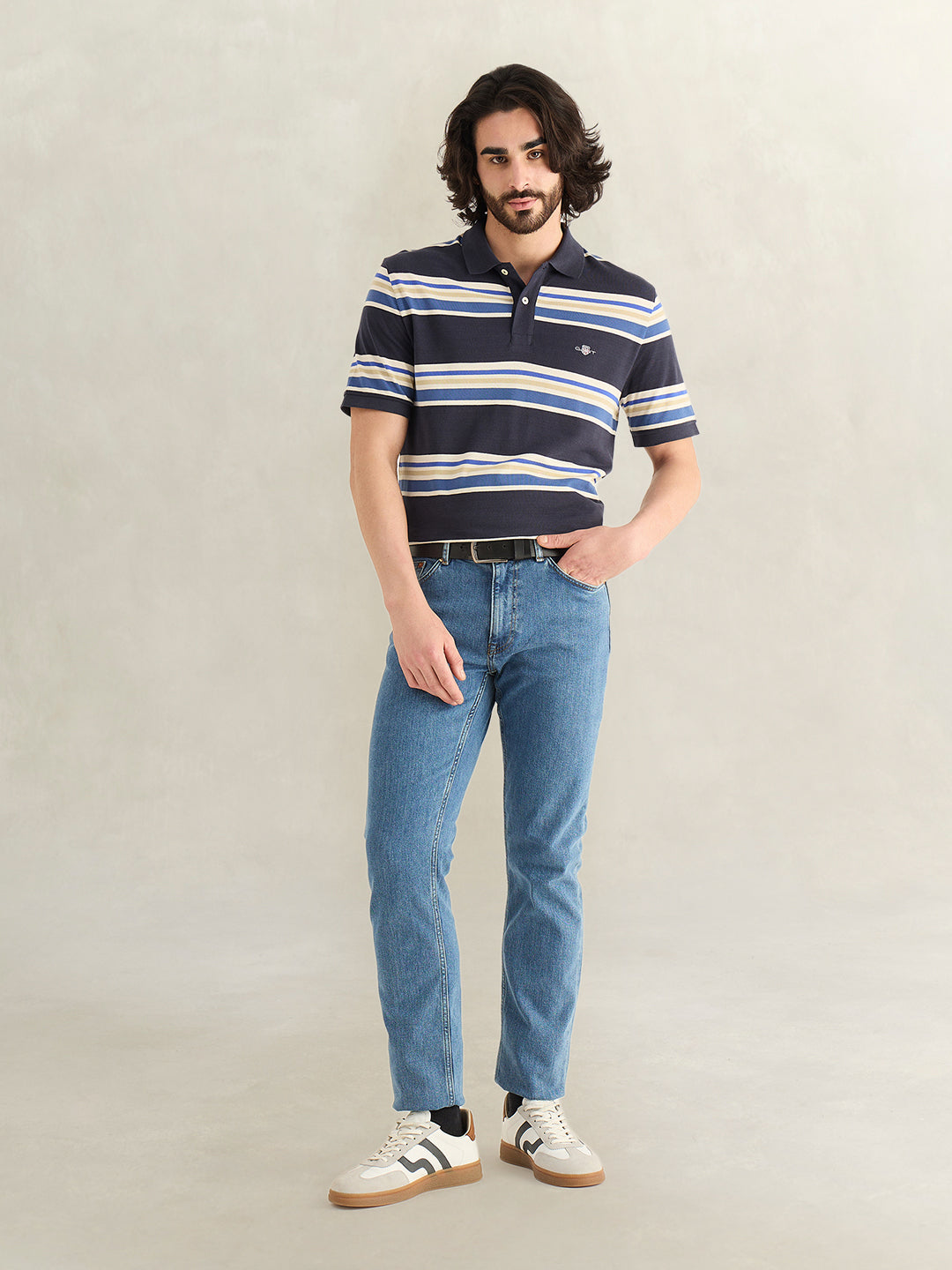 Gant Men Navy Blue Striped Regular Fit Polo T-Shirt