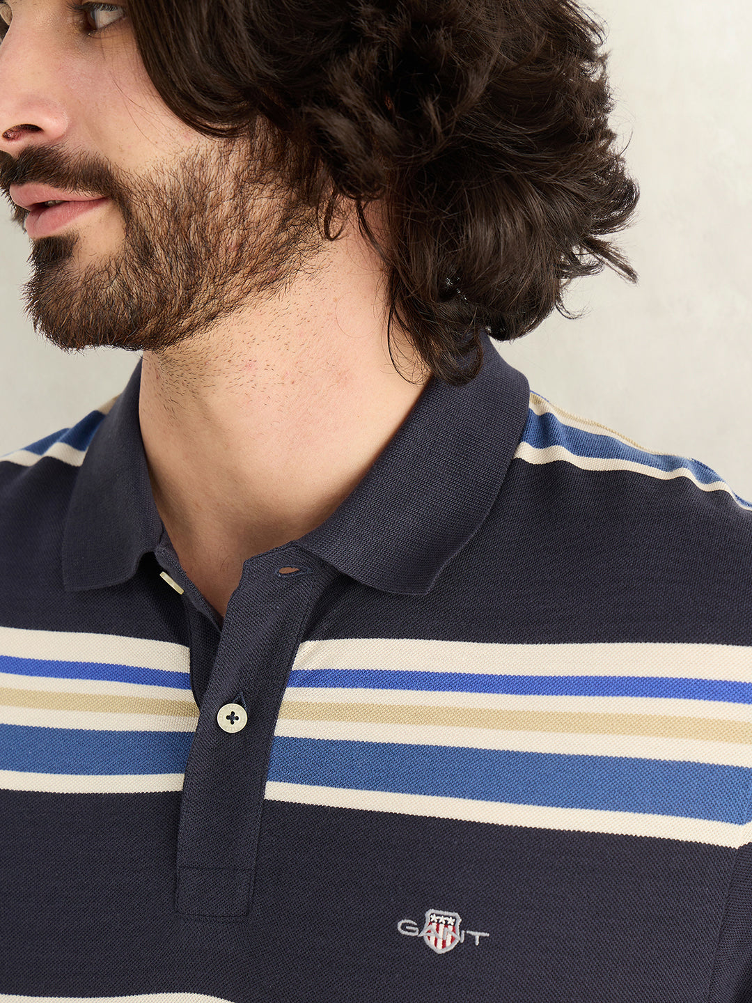 Gant Men Navy Blue Striped Regular Fit Polo T-Shirt