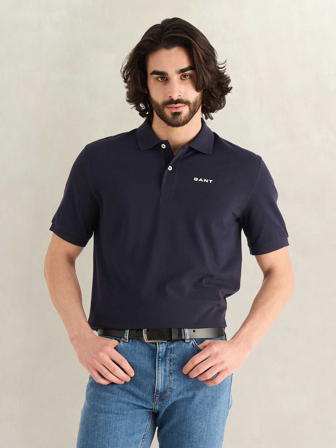 Gant Men Navy Blue Solid Regular Fit Pure Cotton Polo T-Shirt