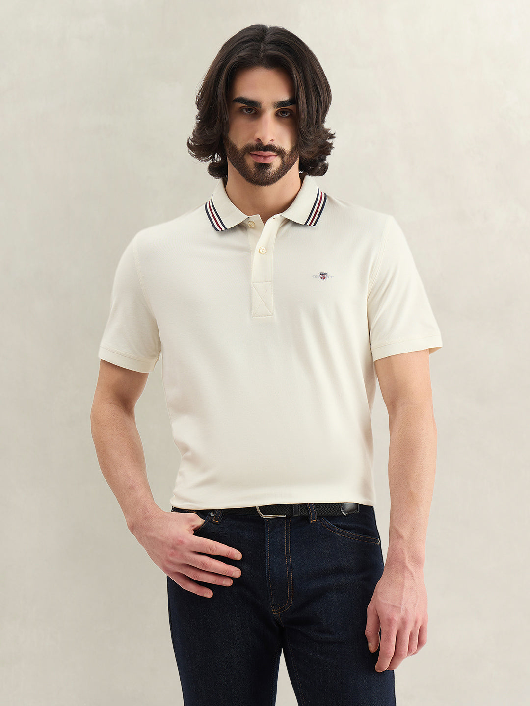 Gant Men Cream Solid Regular Fit Polo T-Shirt