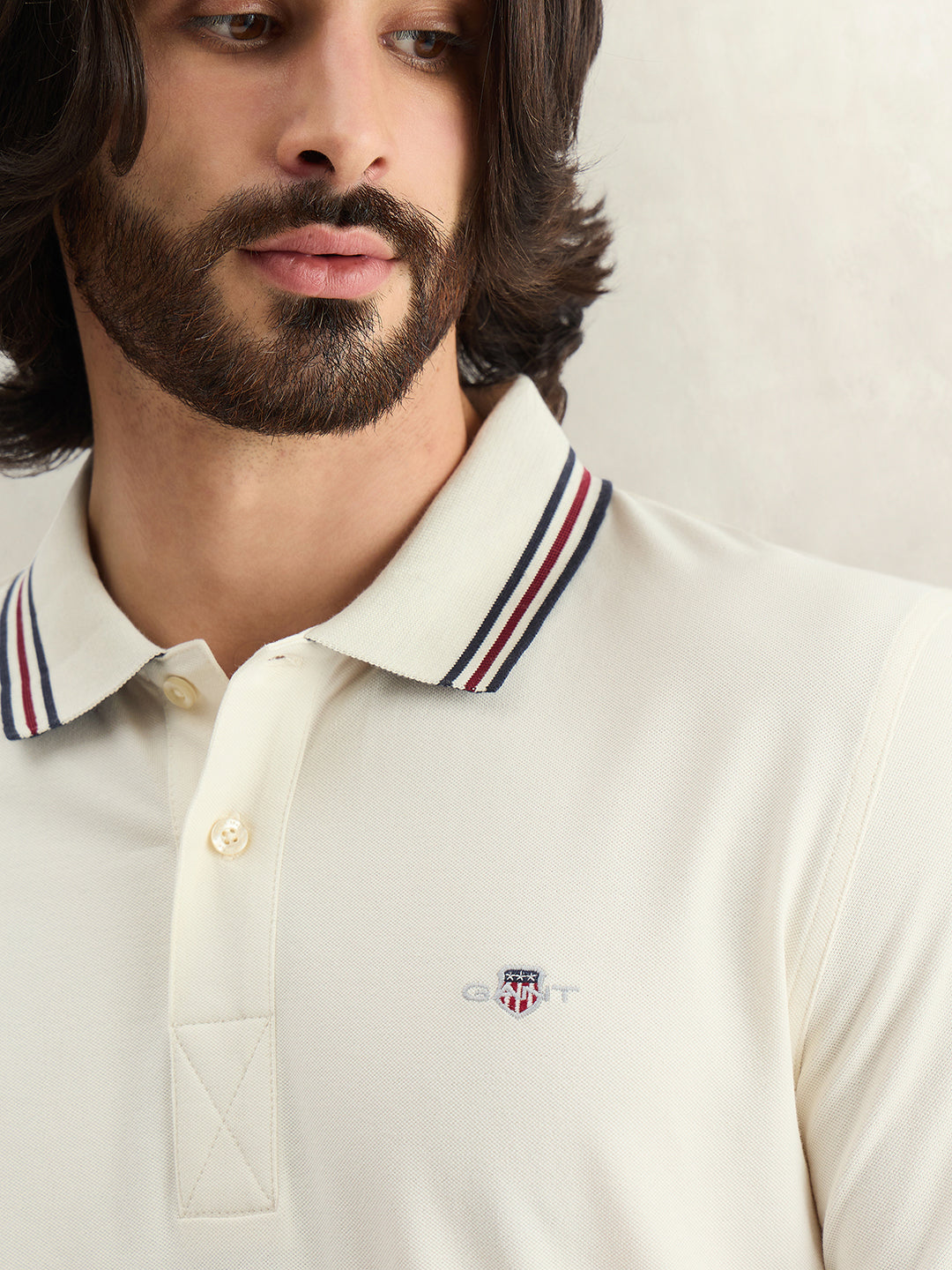 Gant Men Cream Solid Regular Fit Polo T-Shirt