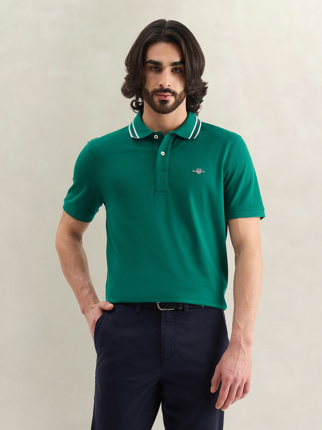 Gant Men Green Solid Regular Fit Polo T-Shirt