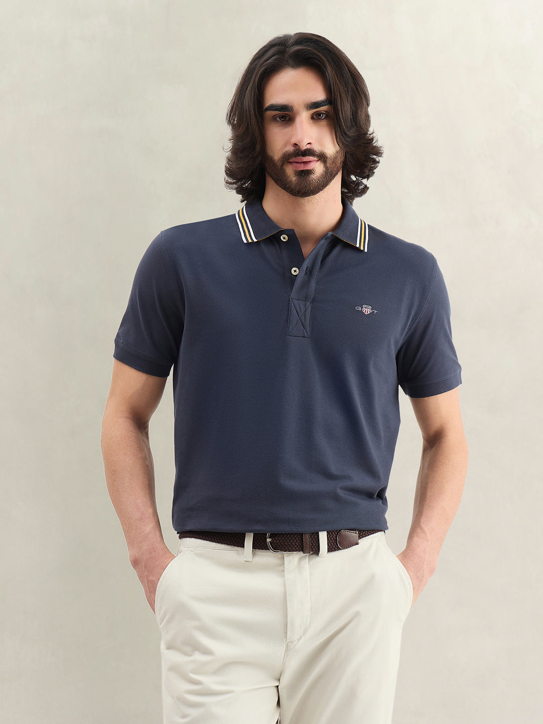 Gant Men Navy Blue Solid Regular Fit Polo T-Shirt
