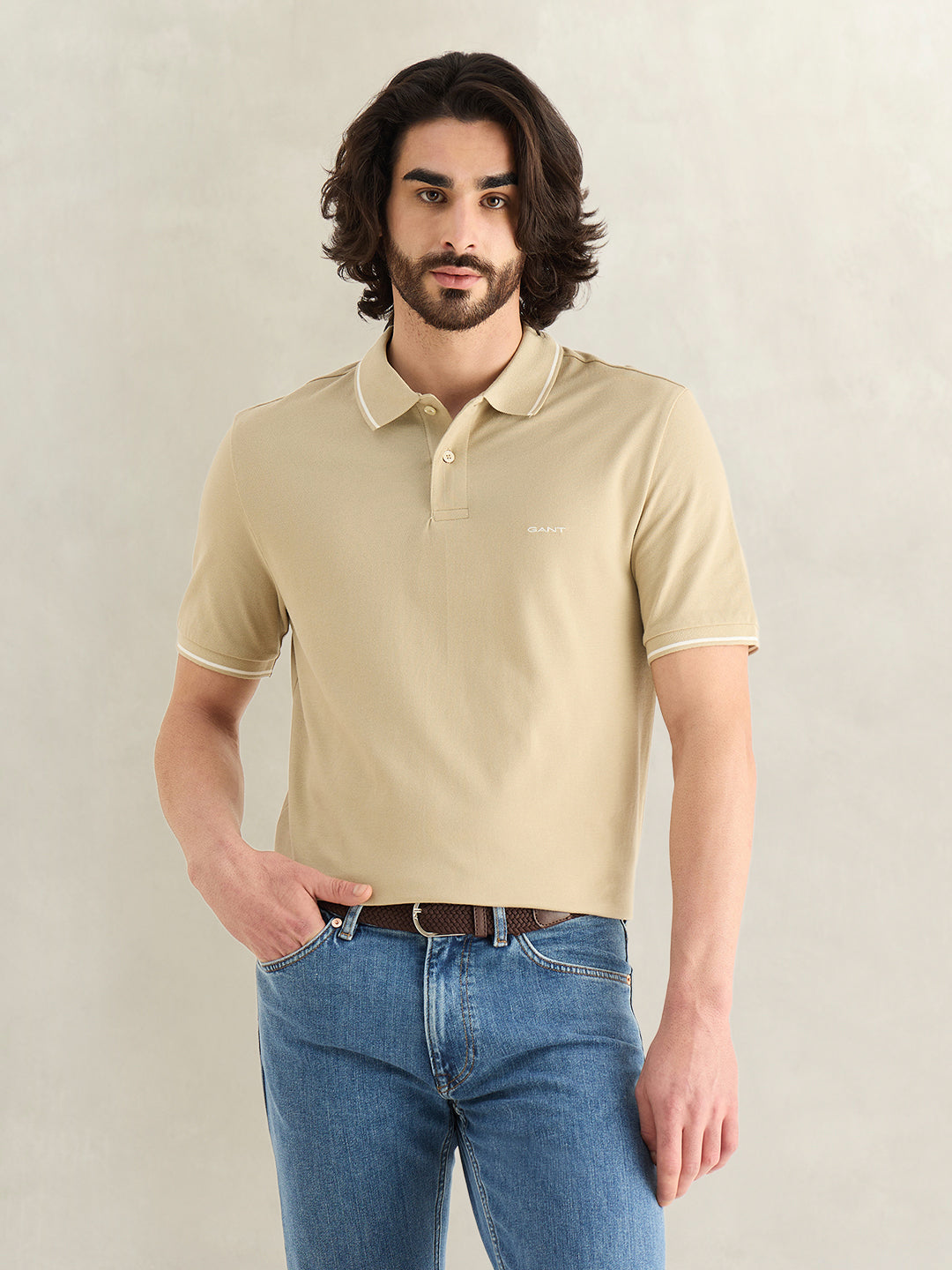 Gant Men Beige Solid Regular Fit Pique Polo T-Shirt