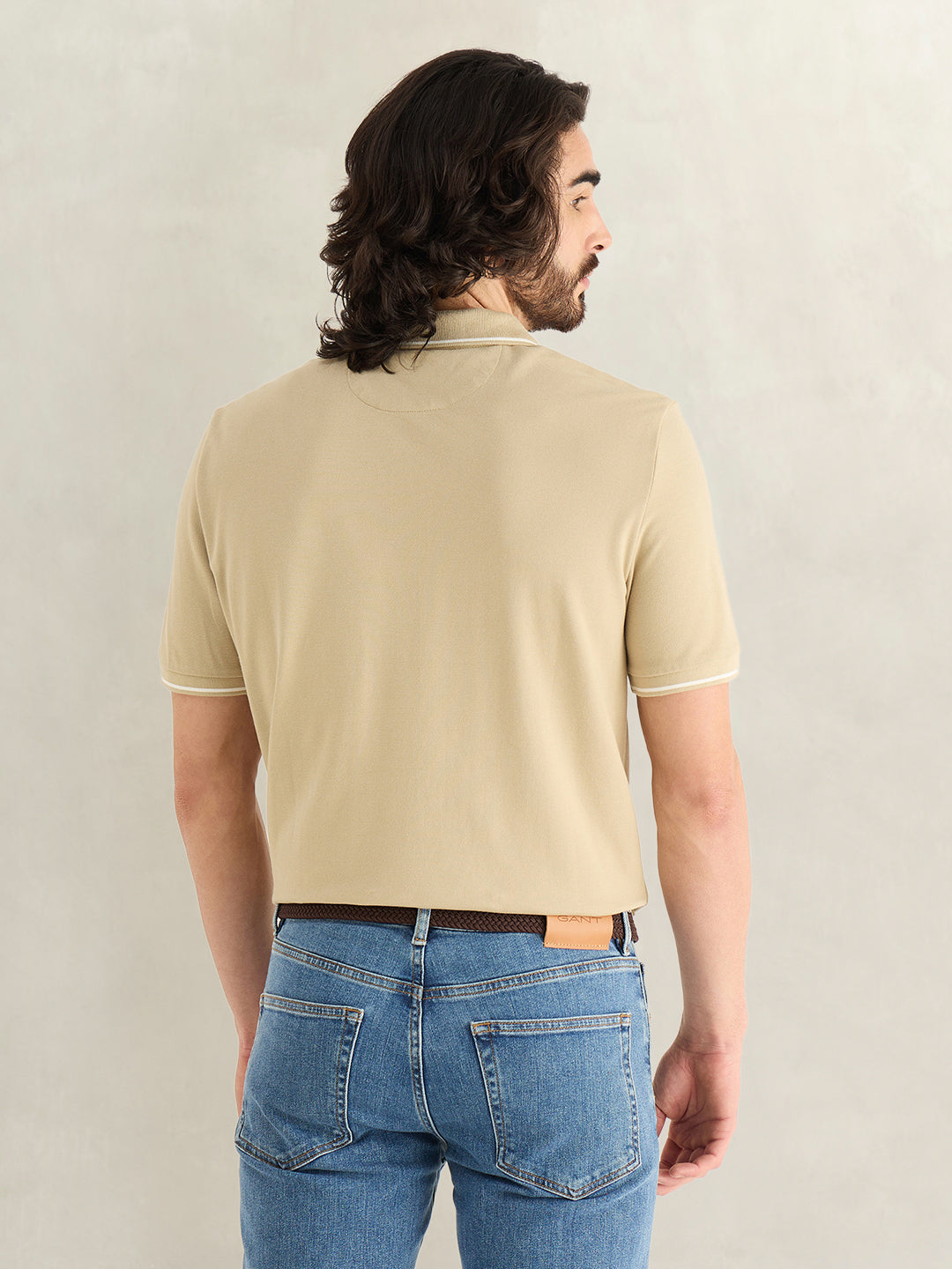 Gant Men Beige Solid Regular Fit Pique Polo T-Shirt