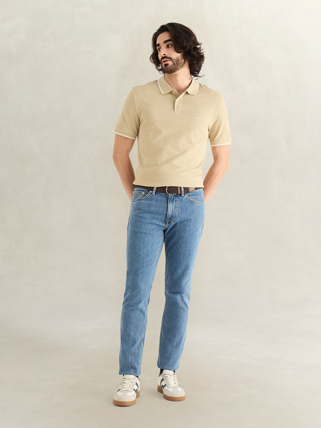 Gant Men Beige Solid Regular Fit Pique Polo T-Shirt