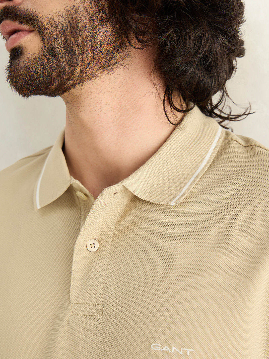 Gant Men Beige Solid Regular Fit Pique Polo T-Shirt