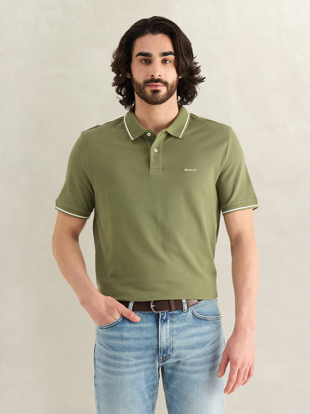 Gant Men Green Solid Regular Fit Pique Polo T-Shirt