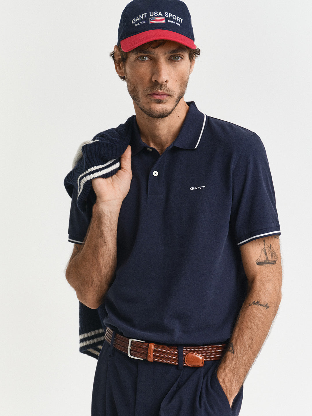 GANT Men Navy Blue Tipping Pique Cotton Polo T-Shirt