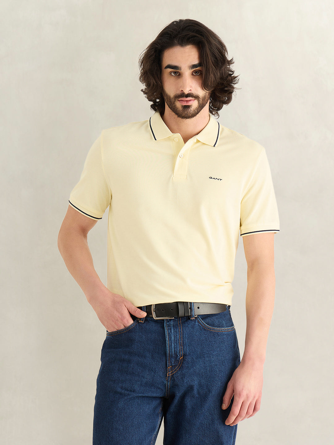 Gant Men Yellow Solid Regular Fit Pique Polo T-Shirt