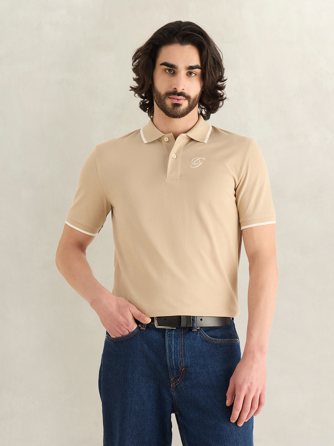 Gant Men Beige Solid Regular Fit Pure Cotton Polo T-Shirt