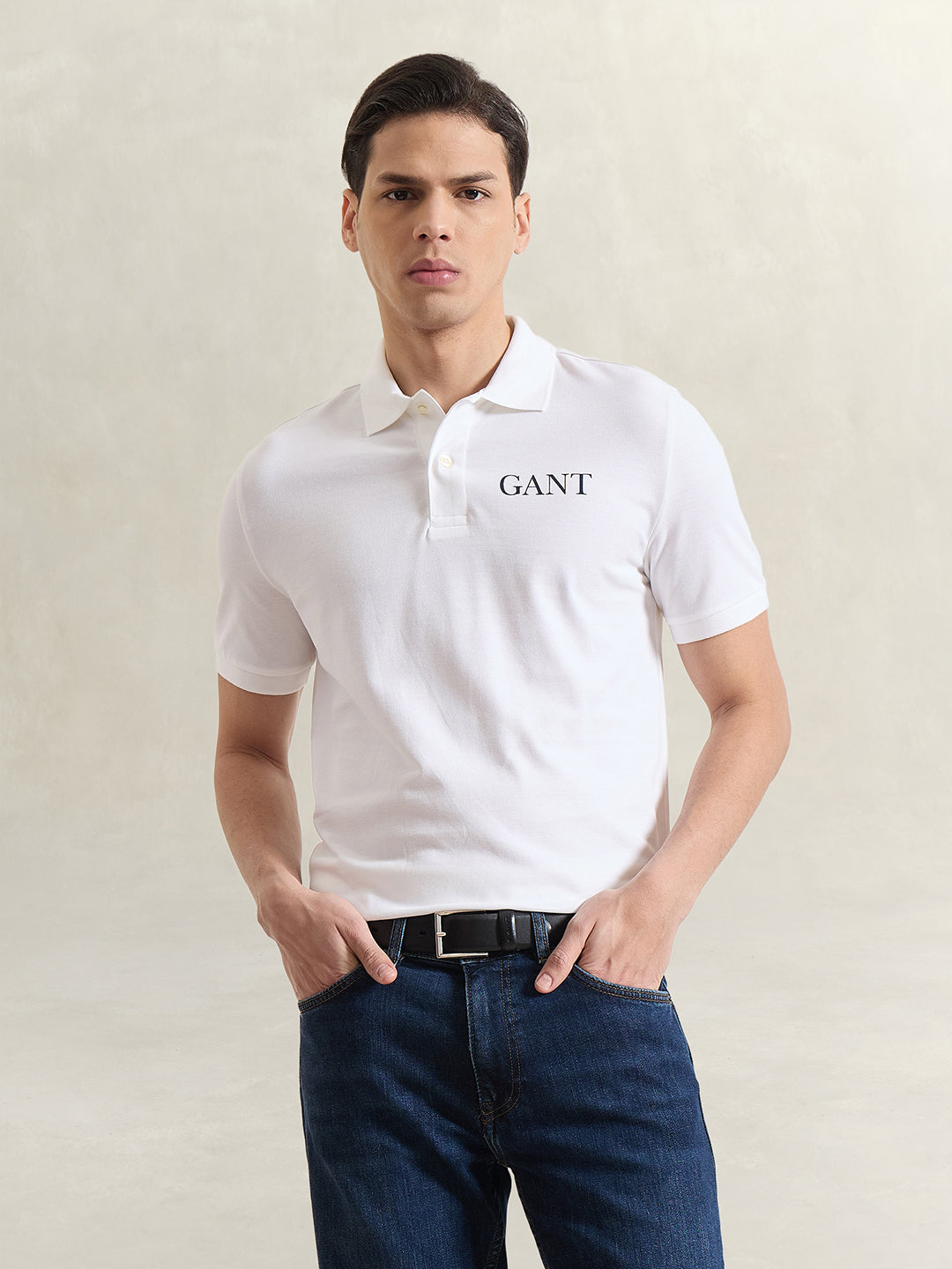 GANT Men White Solid Polo T-Shirt