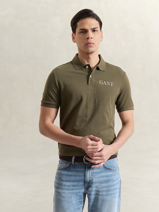GANT Men Olive Green Solid Polo T-Shirt