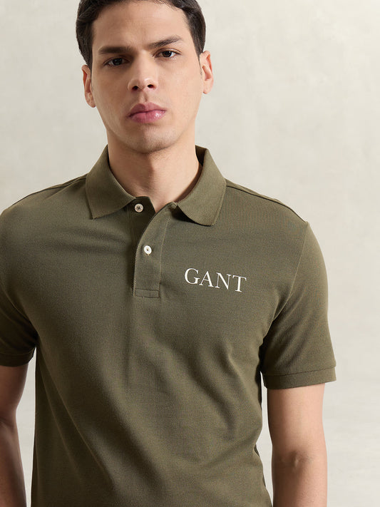 GANT Men Olive Green Solid Polo T-Shirt