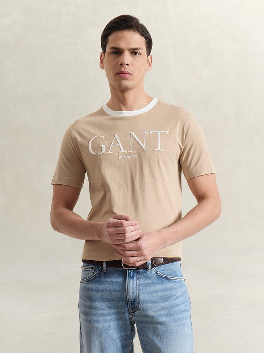 GANT Men Beige Solid T-Shirt