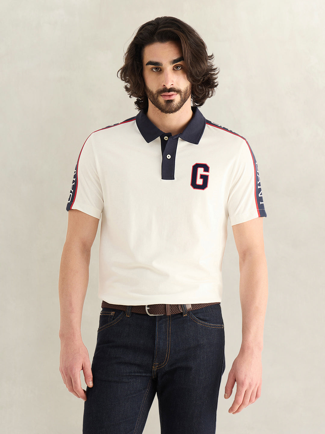 Gant Men Off White Logo Print Regular Fit Pure Cotton Polo T-Shirt