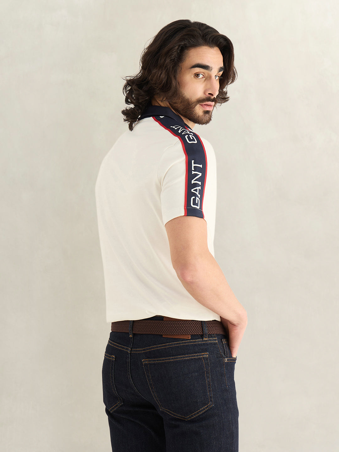 Gant Men Off White Logo Print Regular Fit Pure Cotton Polo T-Shirt