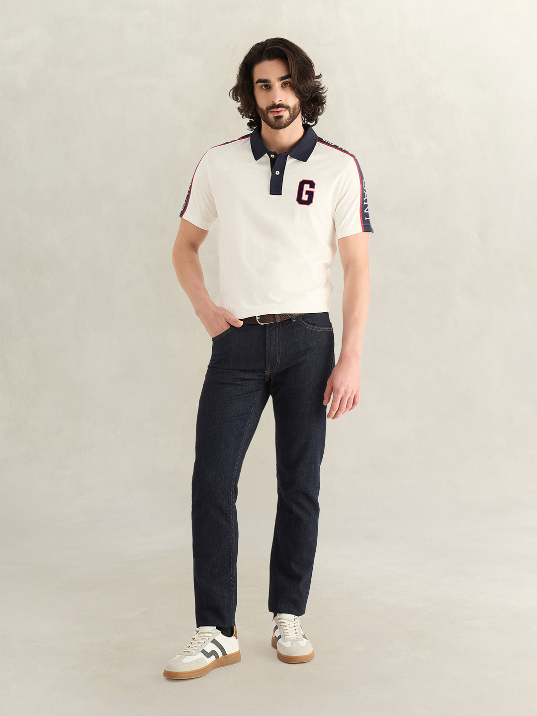 Gant Men Off White Logo Print Regular Fit Pure Cotton Polo T-Shirt