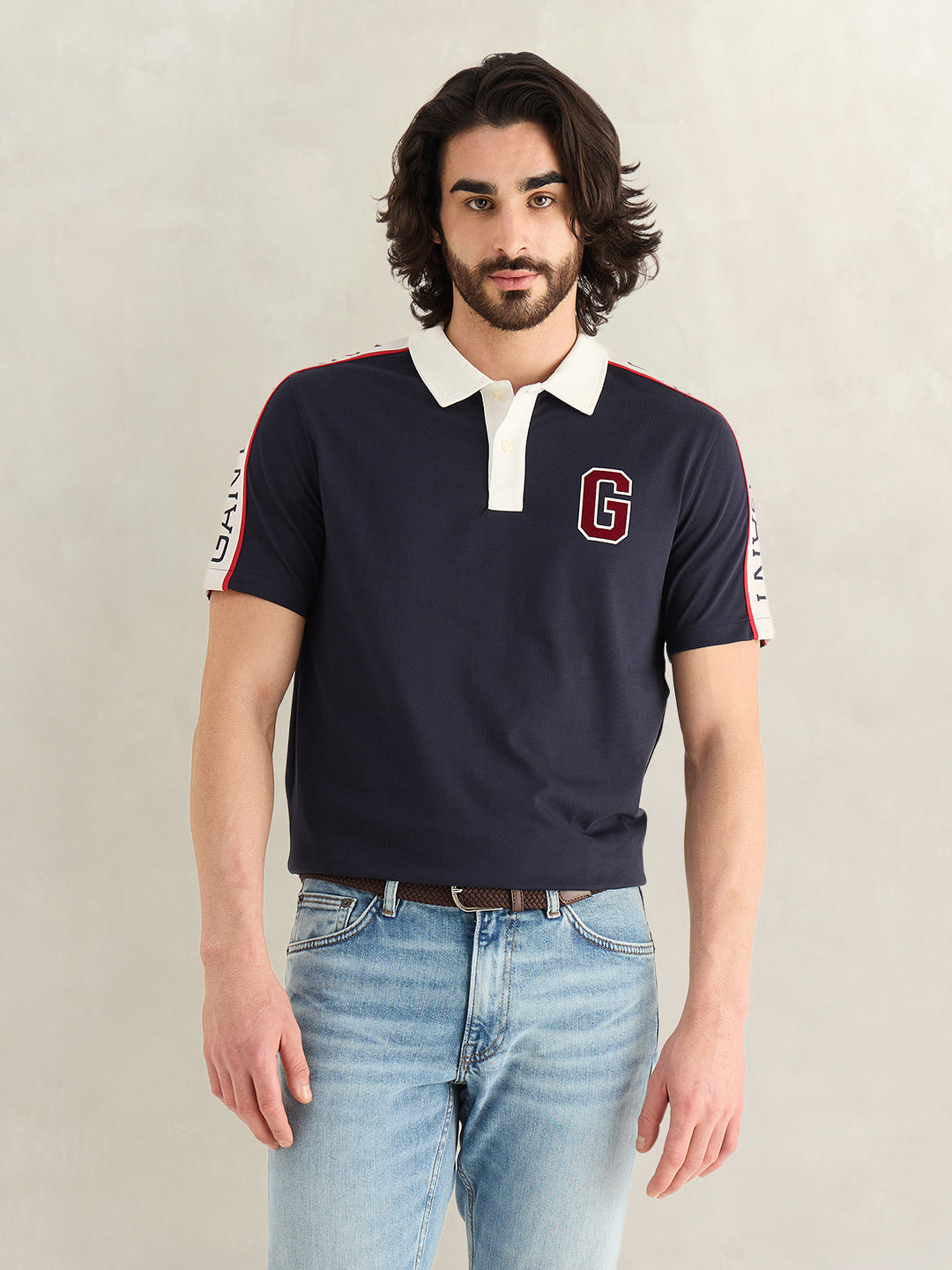 Gant Men Navy Blue Logo Print Regular Fit Pure Cotton Polo T-Shirt