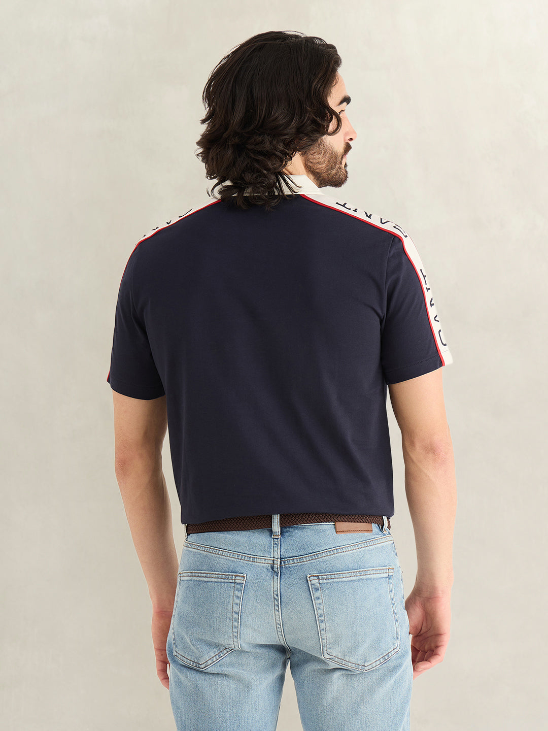 Gant Men Navy Blue Logo Print Regular Fit Pure Cotton Polo T-Shirt